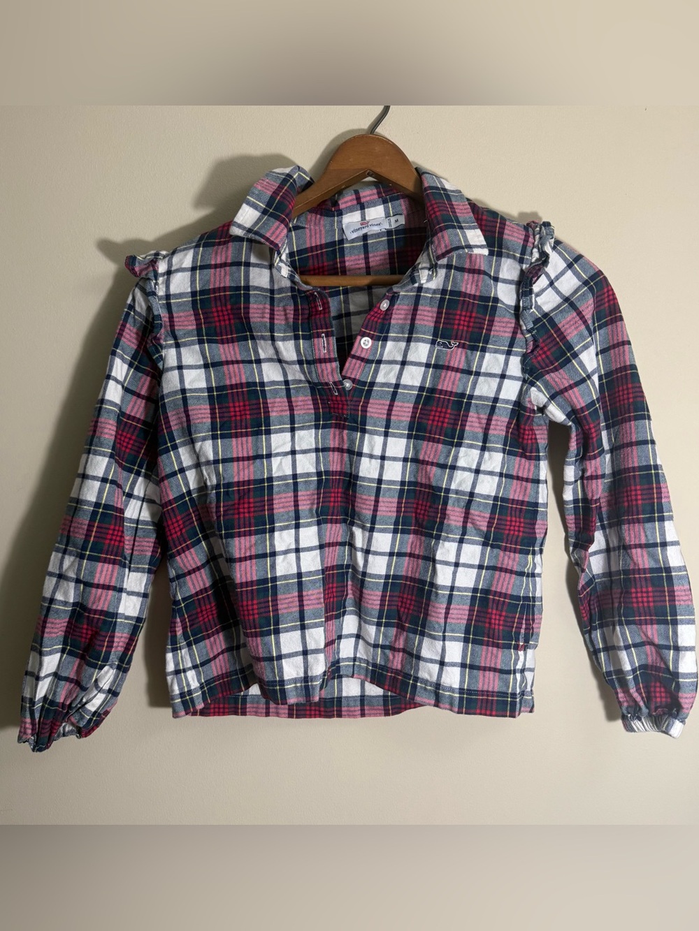 Vineyard Vines Girls Plaid Popover Shirt - Pink, Navy & White